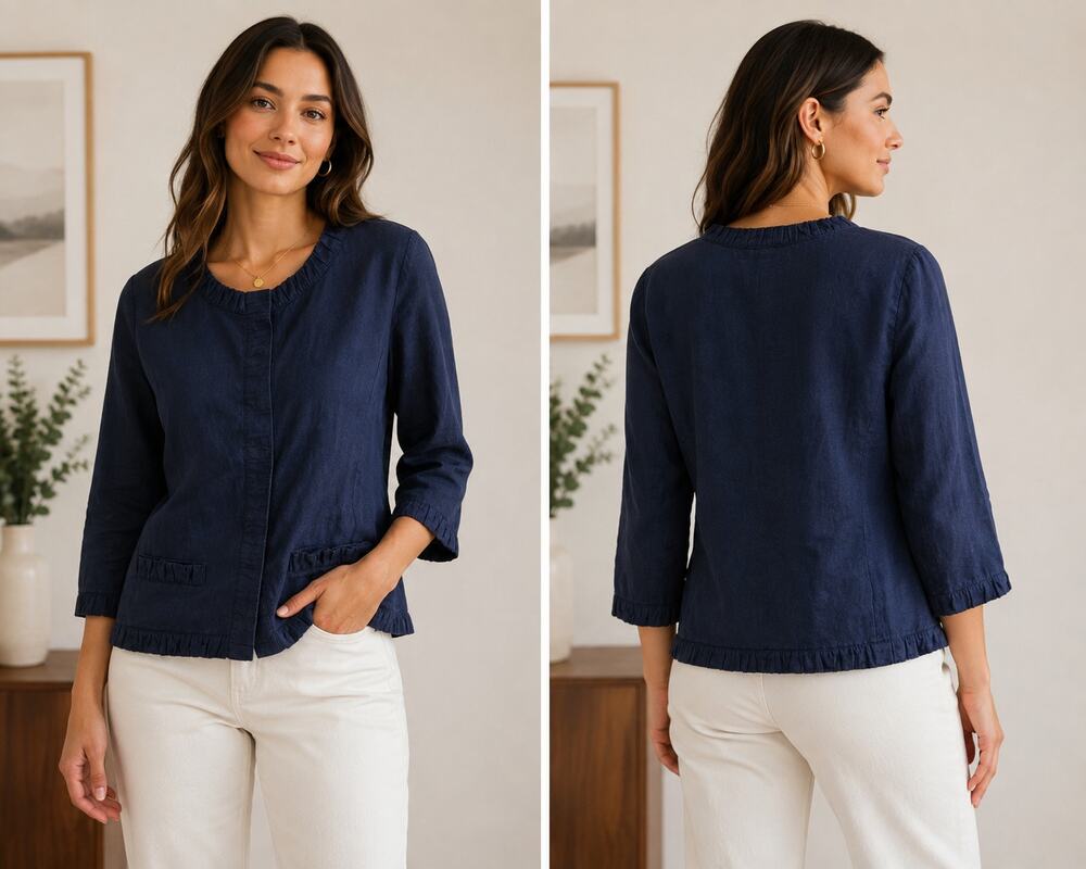 Chico’s Size 1 US 8/10 Navy Blue 100% Linen Ruffle Trim Jacket Blazer Snap Front